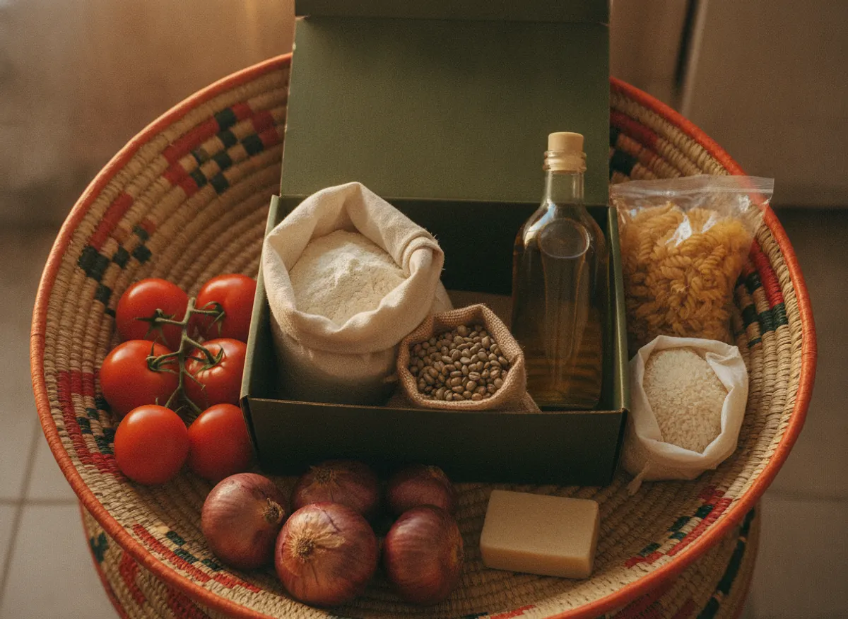 Monthly staples — teff flour, oil, coffee, tomatoes, onions — in a green Adera box on a mesob basket