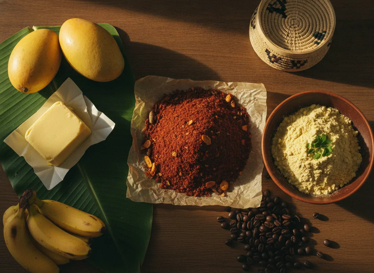 Berbere, shiro, fresh butter, mangoes and coffee beans arranged on dark wood