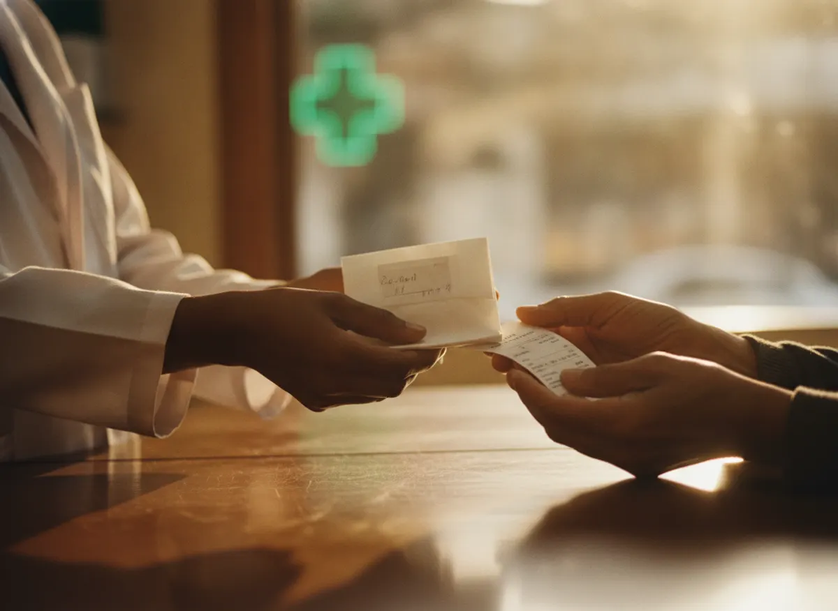 A pharmacist handing medicine and a printed receipt across the counter